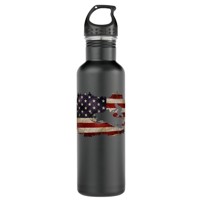 Snowmobile USA Flag Snow Sled Patriotic Stainless Steel Water Bottle (Front)