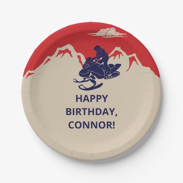 Snowmobile Winter Themed Boys Birthday Party Paper Plates (Front)