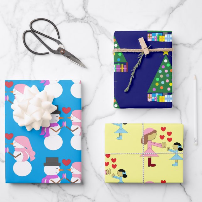 Snowpeople, Christmas Tree, Children & Love: Wrapping Paper Sheets (Front)