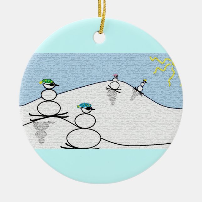 Snowpeople Skiing Ceramic Ornament (Front)