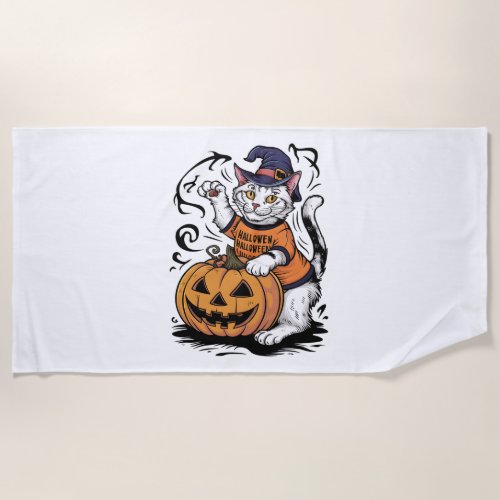 Snowshoe Cat Cute Halloween Witch Pumpkin Beach Towel