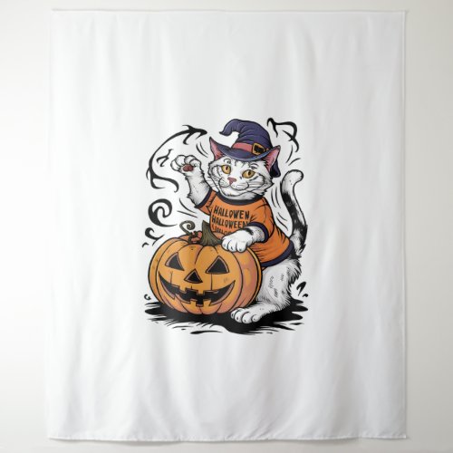 Snowshoe Cat Cute Halloween Witch Pumpkin Tapestry
