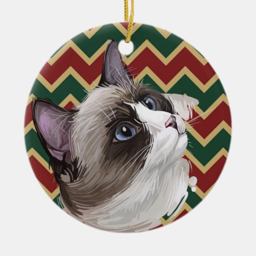 SNOWSHOE CAT FACE WITH RED GREEN GOLD STRIPES CERAMIC ORNAMENT