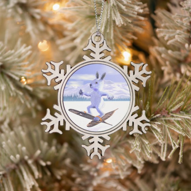 Snowshoe Hare Snowflake Pewter Christmas Ornament (Tree)