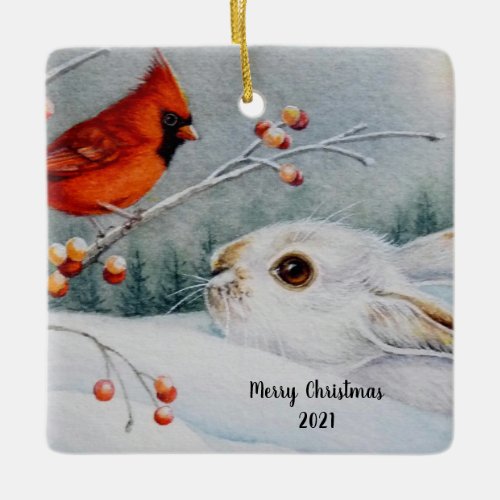 Snowshoe Rabbit  Cardinal Bird Watercolor Art Cer Ceramic Ornament