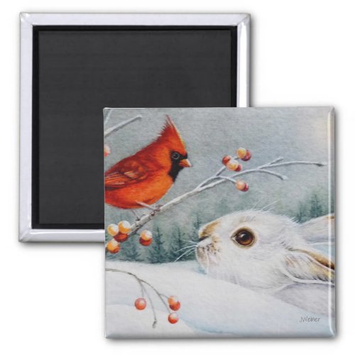 Snowshoe Rabbit  Cardinal Bird Watercolor Art Magnet