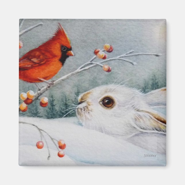 Snowshoe Rabbit & Cardinal Bird Watercolor Art Magnet (Front)