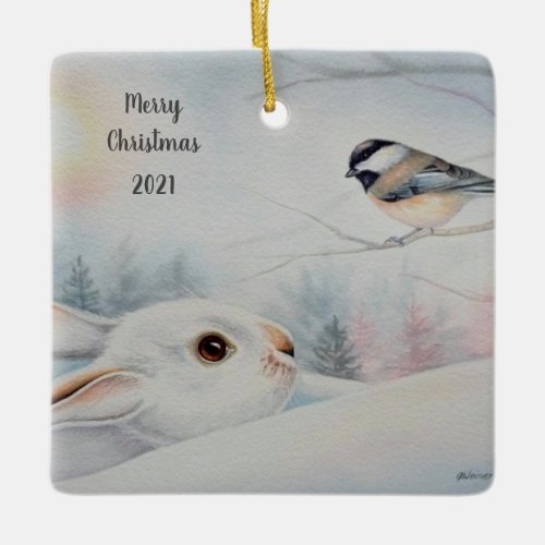 Snowshoe Rabbit  Chickadee Bird Watercolor Art Ceramic Ornament