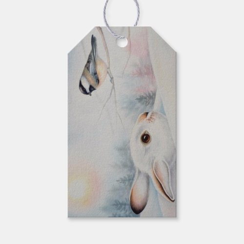 Snowshoe Rabbit  Chickadee Bird Watercolor Art Gift Tags