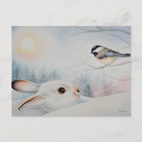 Snowshoe Rabbit  Chickadee Bird Watercolor Art Postcard