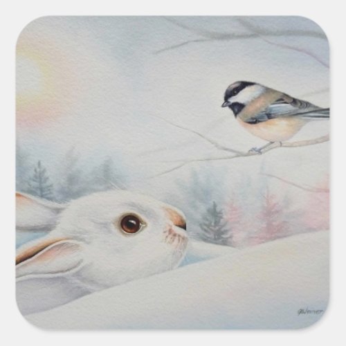 Snowshoe Rabbit  Chickadee Bird Watercolor Art Square Sticker