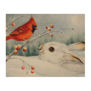 Snowshoe Rabbit & Red Cardinal Bird Watercolor Art