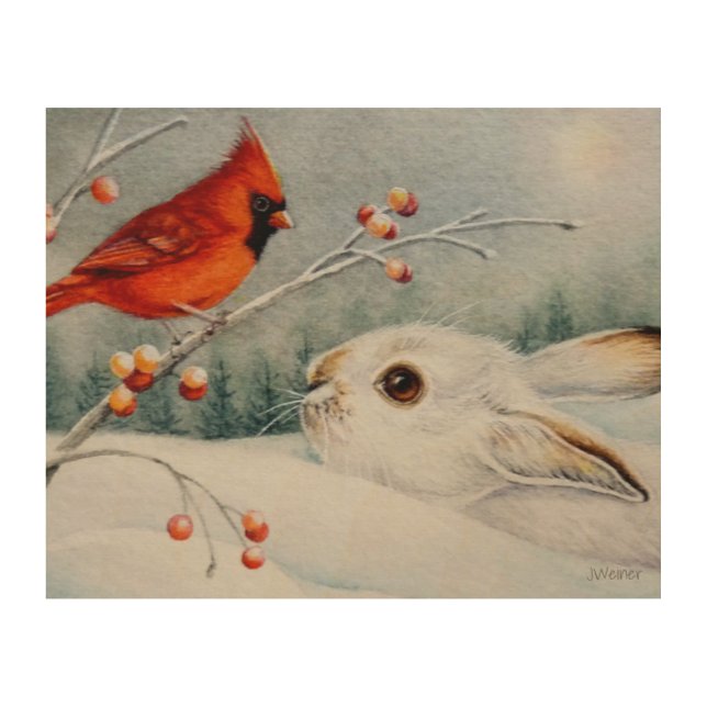 Snowshoe Rabbit & Red Cardinal Bird Watercolor Art (Front)