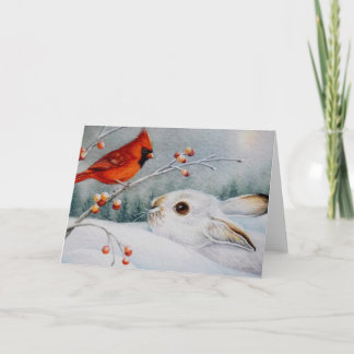 Snowshoe Rabbit & Red Cardinal Bird Watercolor Art Card