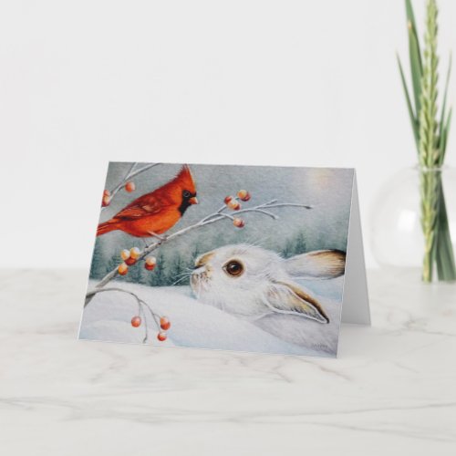 Snowshoe Rabbit  Red Cardinal Bird Watercolor Art Card