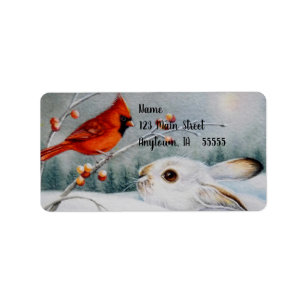 Snowshoe Rabbit & Red Cardinal Bird Watercolor Art Label