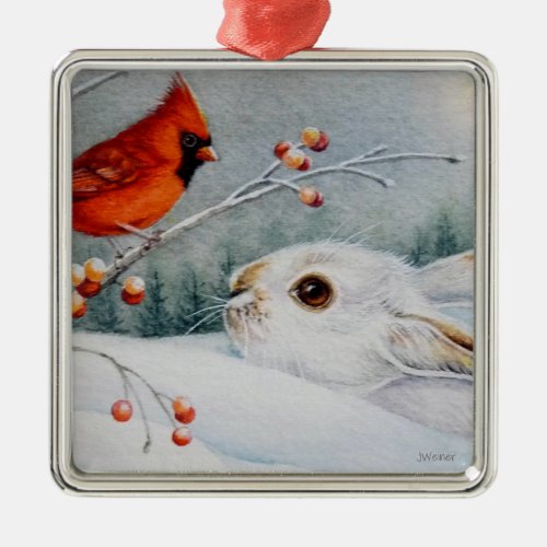 Snowshoe Rabbit  Red Cardinal Bird Watercolor Art Metal Ornament