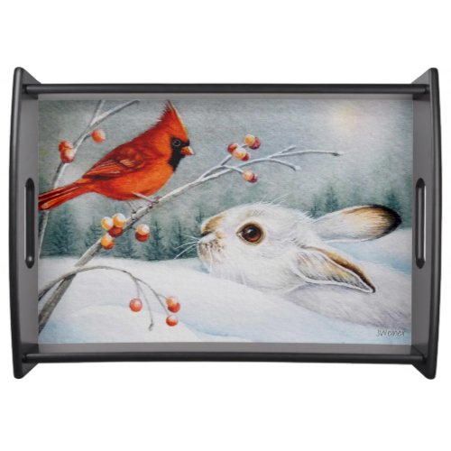 Snowshoe Rabbit  Red Cardinal Bird Watercolor Art Serving Tray