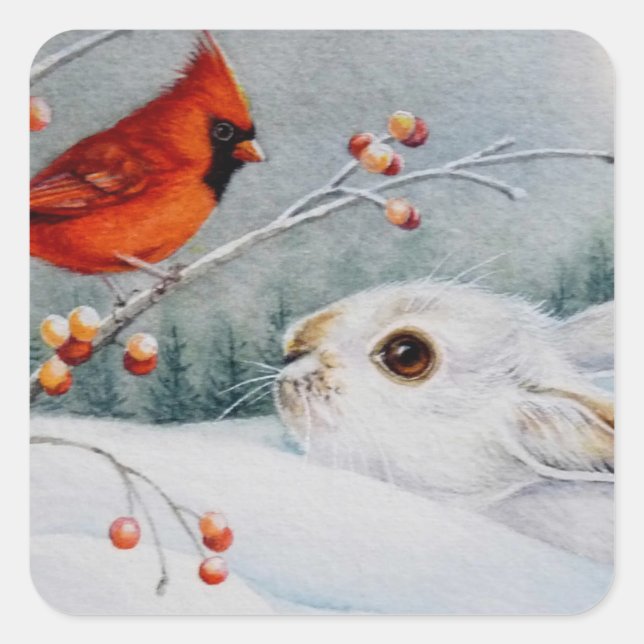 Snowshoe Rabbit & Red Cardinal Bird Watercolor Art Square Sticker (Front)