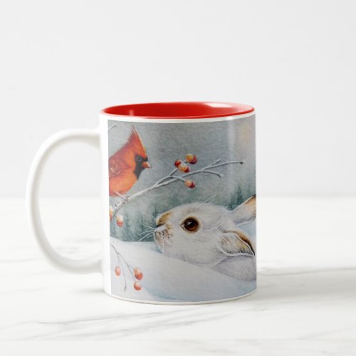 Snowshoe Rabbit  Red Cardinal Bird Watercolor Art Two_Tone Coffee Mug