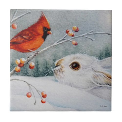 Snowshoe Rabbit  Red Cardinal Watercolor Art Cera Ceramic Tile