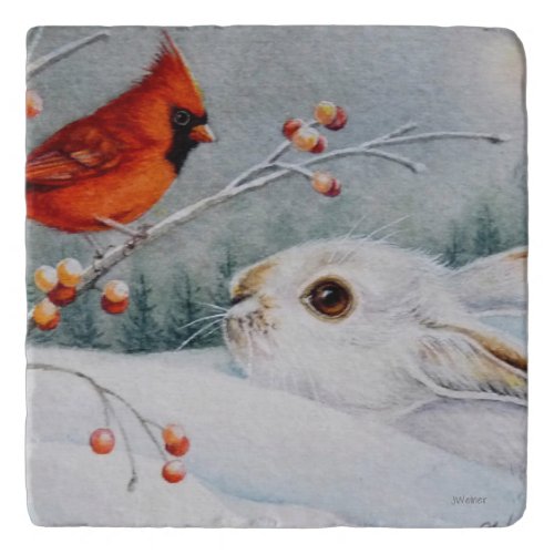 Snowshoe Rabbit  Red Cardinal Watercolor Art Cera Trivet