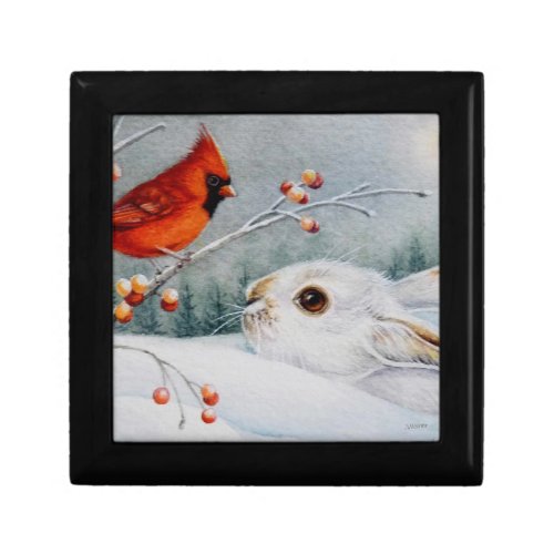 Snowshoe Rabbit  Red Cardinal Watercolor Art Gift Box
