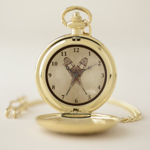 Snowshoes On Old Paper Pocket Watch