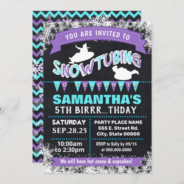 Snowtubing birthday party bash purple sleeding invitation (Front/Back)