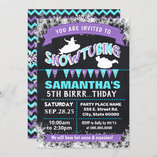 Snowtubing birthday party bash purple sleeding invitation
