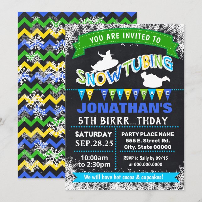 Snowtubing birthday party bash sleeding blue invitation (Front/Back)