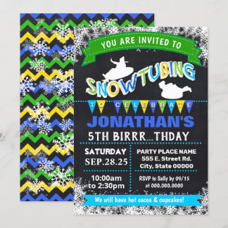 Snowtubing birthday party bash sleeding blue invitation