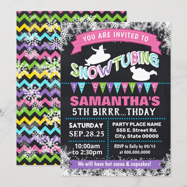 Snowtubing birthday pink sleeding party bash invitation (Front/Back)