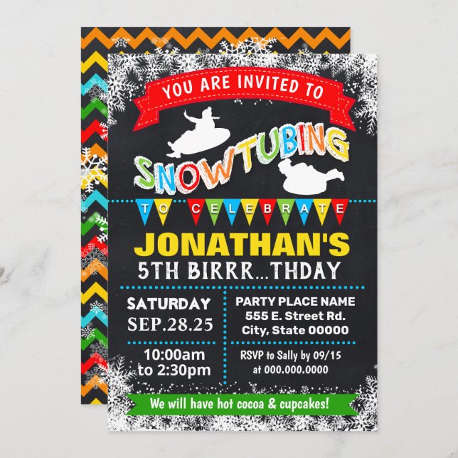 Snowtubing sleeding birthday party bash invitation (Front/Back)