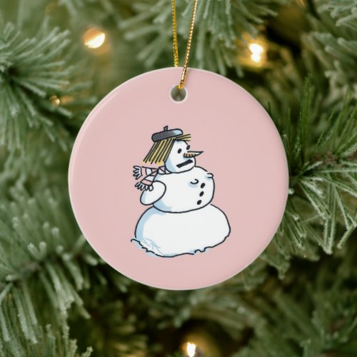 Snowwoman pink ceramic Christmas ornament