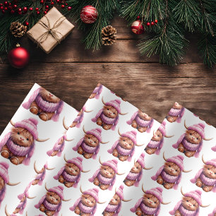 Snowy Adventure Pink Highland Cow Wrapping Paper