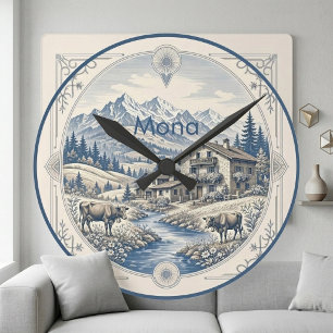 Snowy Alpine Blue Mountain Landscape Rustic Chalet Round Clock