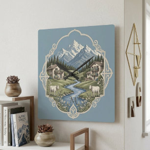 Snowy Alpine Mountain Landscape Rustic Chalet Blue Square Wall Clock