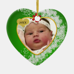 Snowy and Green Gold New Baby Photo Christmas Ceramic Ornament