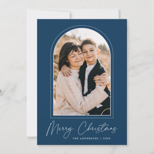 Snowy Arch Navy Blue Merry Christmas Photo Holiday Card