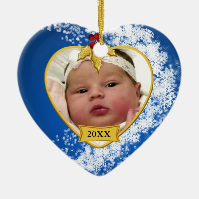 Snowy Baby's First Christmas Photo Ceramic Ornament (Front)