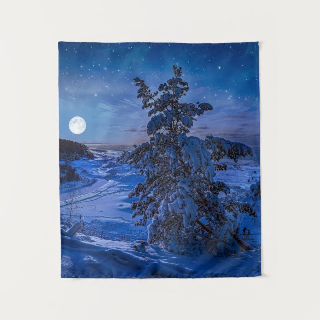 Snowy Baltic sea coast with fir tree in night Tapestry (Front)