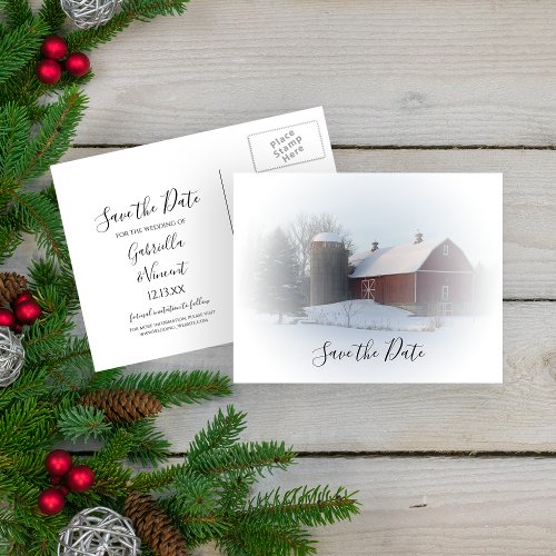 Snowy Barn and Silo Winter Wedding Save the Date Announcement Postcard