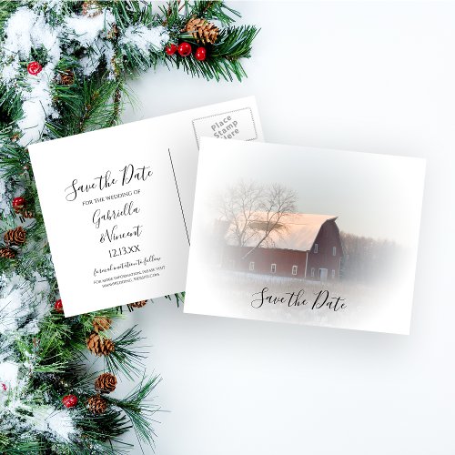 Snowy Barn Winter Country Wedding Save the Date Announcement Postcard