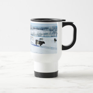 Snowy Belted Galloway Cow in Snow Watercolor Travel Mug