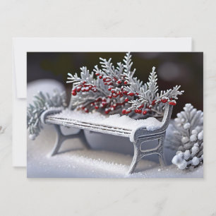 Snowy Bench with Winterberry Sprigs Holiday Card