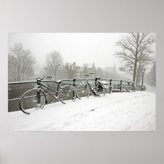 Snowy bikes in Amsterdam the Netherlands Poster