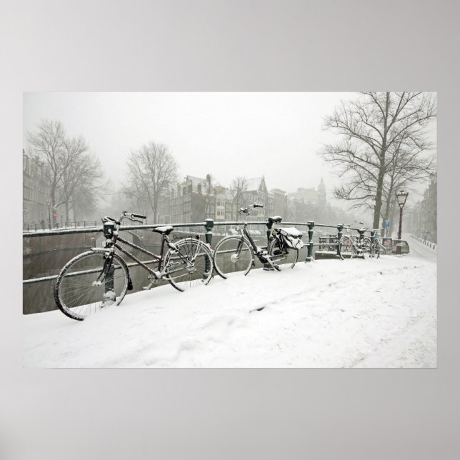 Snowy bikes in Amsterdam the Netherlands Poster (Front)