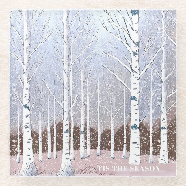 Snowy Birch Trees Christmas Dusty Blue ID1003 Glass Coaster (Front)