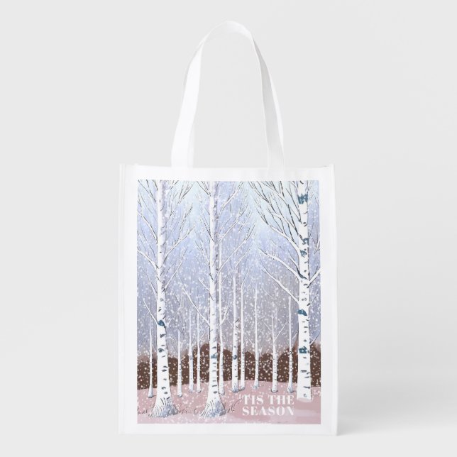 Snowy Birch Trees Christmas Dusty Blue ID1003 Grocery Bag (Front)